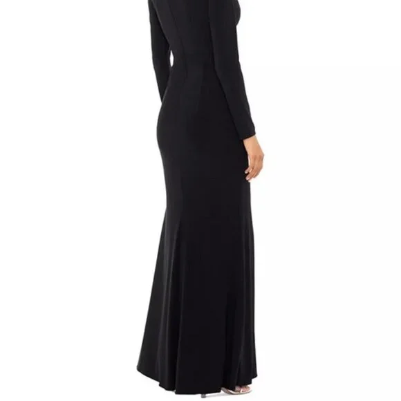 Xscape Black Nude V-Neck Long Sleeve Gown